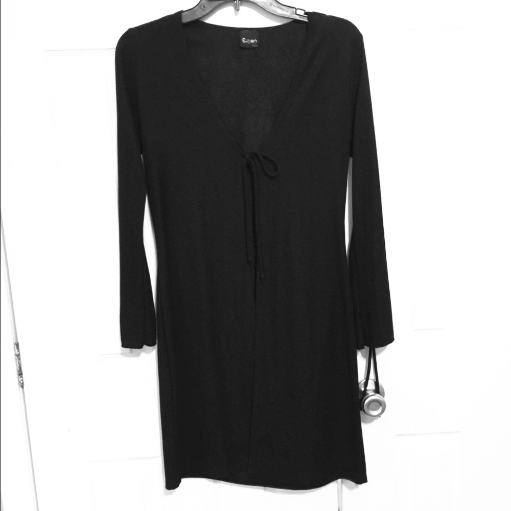 Black Long spandex cardigan with front ties .